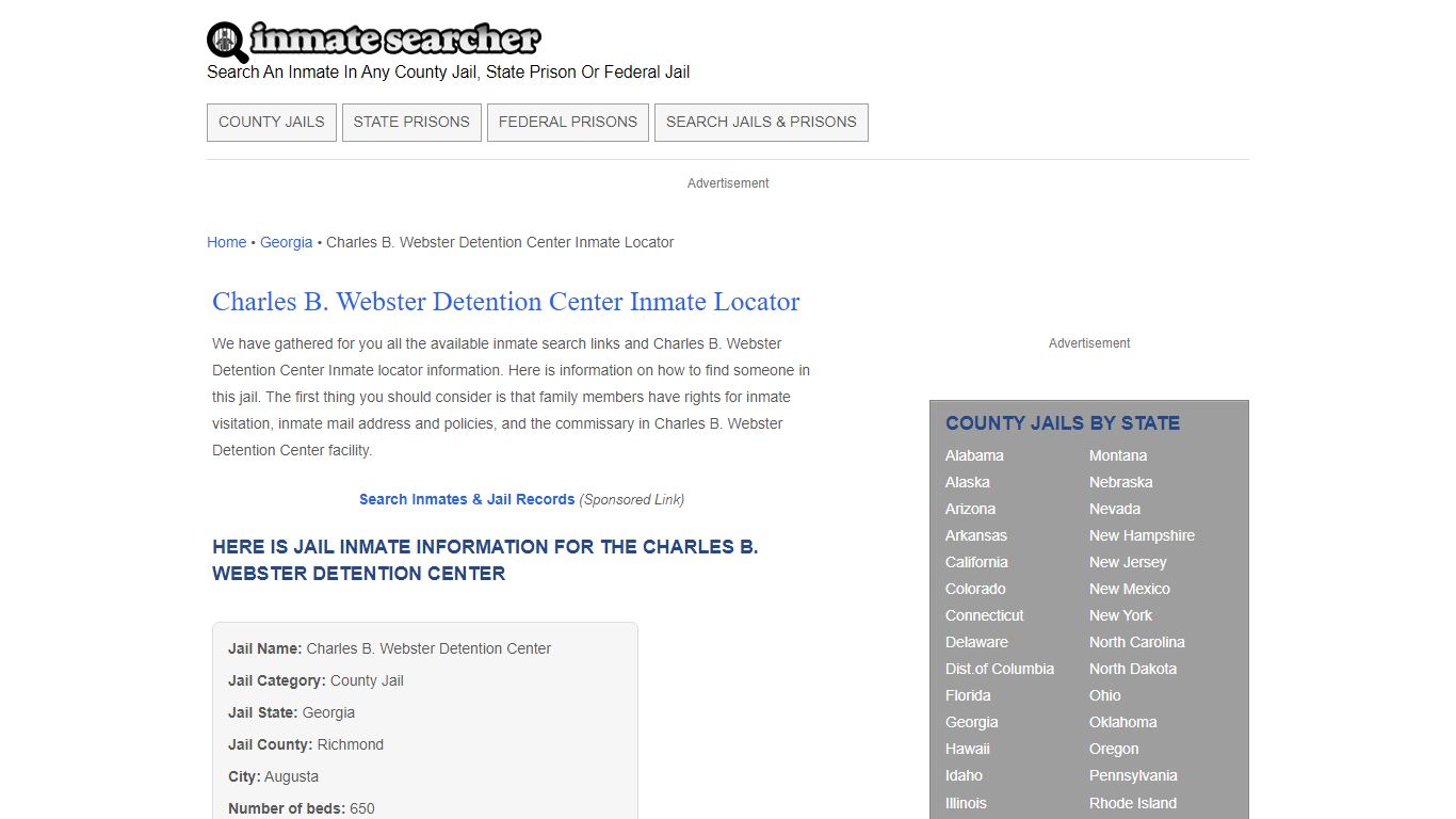 Charles B. Webster Detention Center Inmate Locator - Inmate Searcher